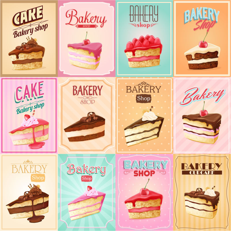 不同的卡通蛋糕矢量插图