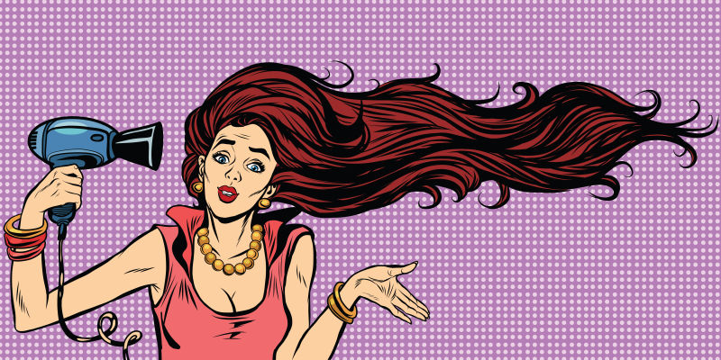 矢量波普风格的吹头发的女人漫画插图