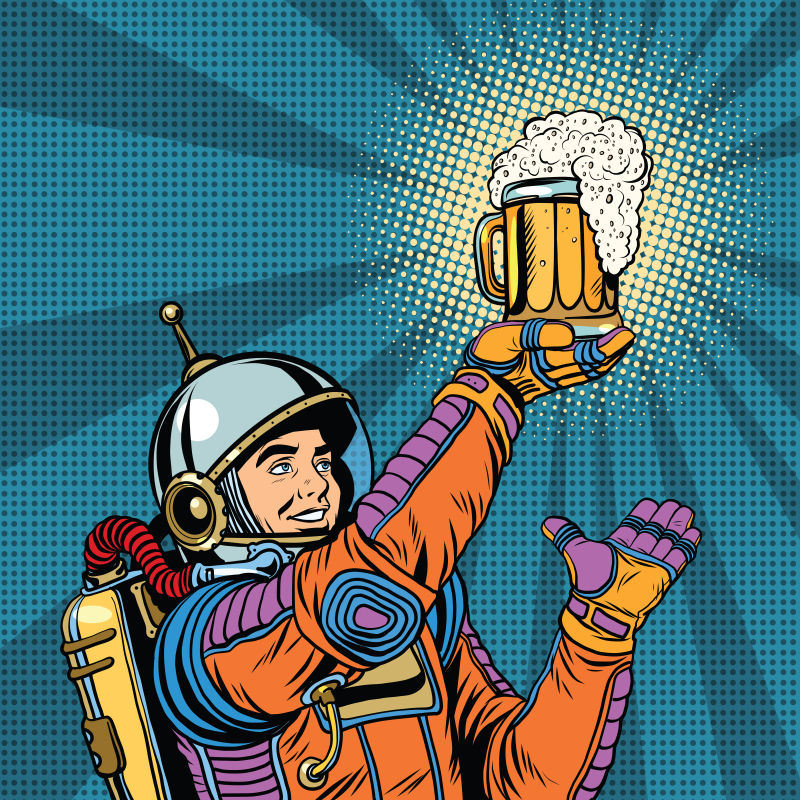 复古宇航员拿着啤酒杯的矢量波普风格的漫画插图