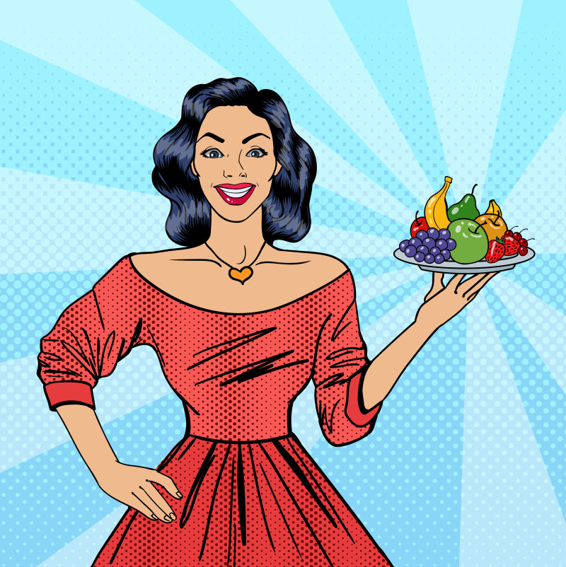 美式风格的拿着水果的女人的矢量漫画插图