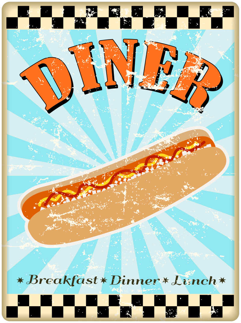 热狗图案的美式餐厅矢量海报背景
