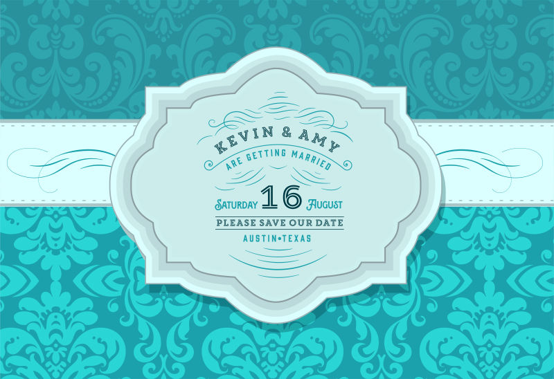 绿色花纹的矢量复古婚礼贺卡模板