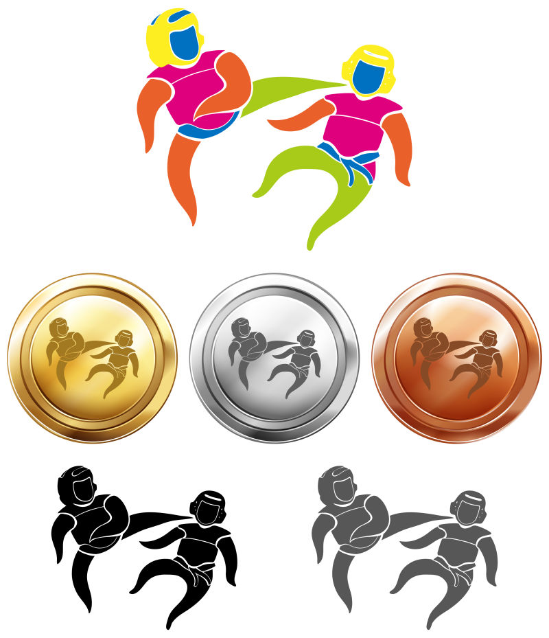 矢量跆拳道项目的图标和奖牌