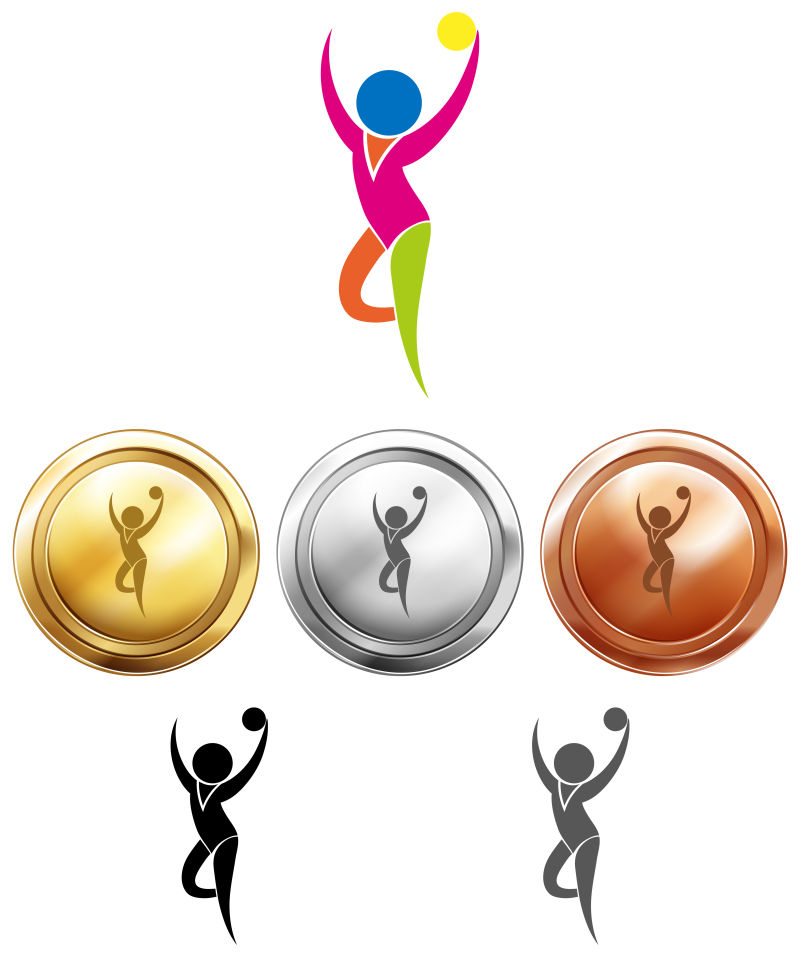 矢量排球项目的图标和奖牌